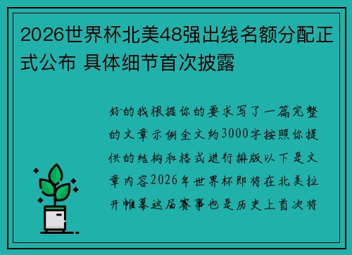 2026世界杯北美48强出线名额分配正式公布 具体细节首次披露
